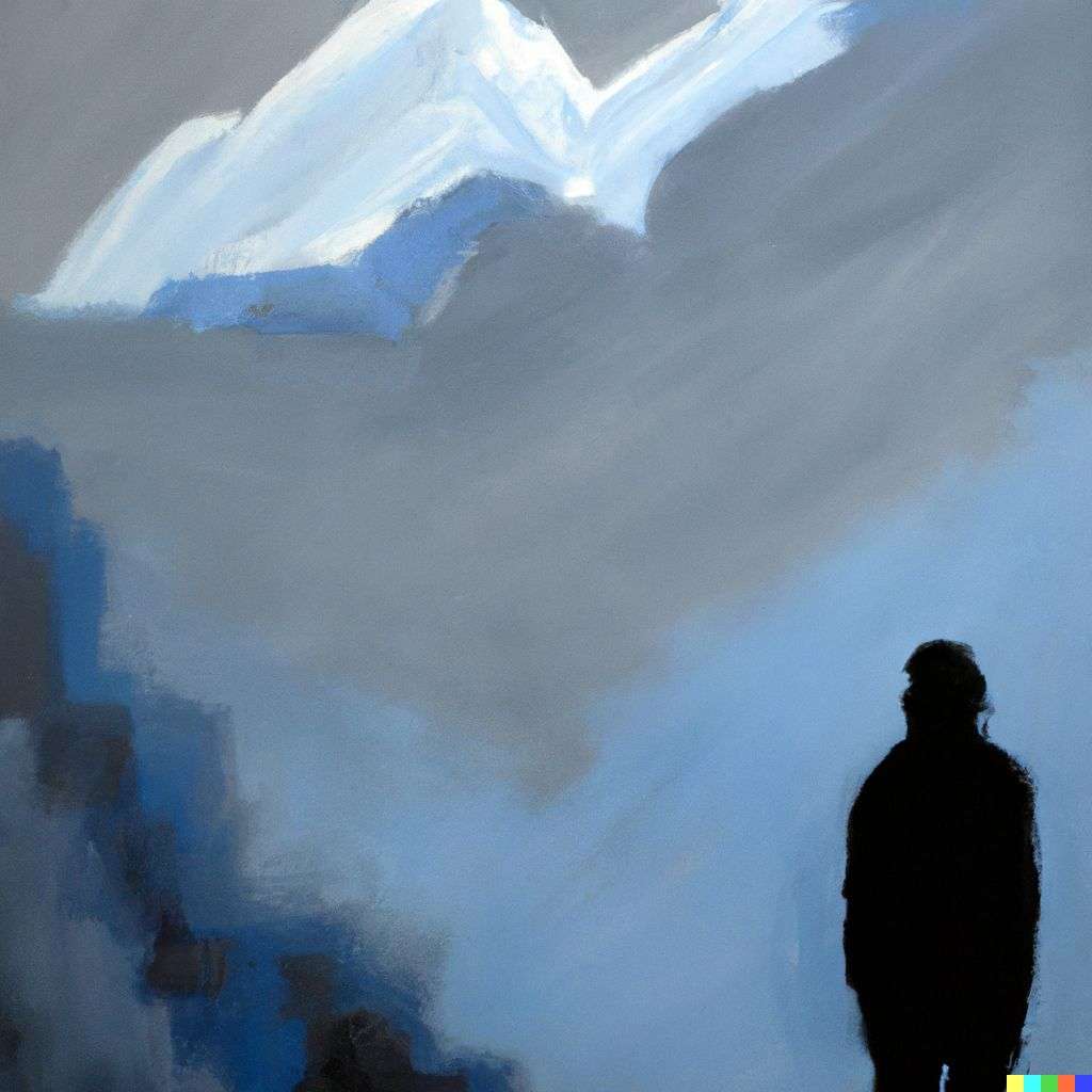 minimalist painting of someone gazing at Mount Everest in black, white, grey and blue paint on canvas